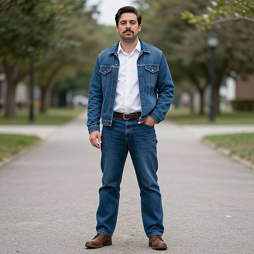 Photograph of a bearded man with dark hair, wearing a blue denim jacket, white shirt, blue jeans, brown belt, and brown shoes,