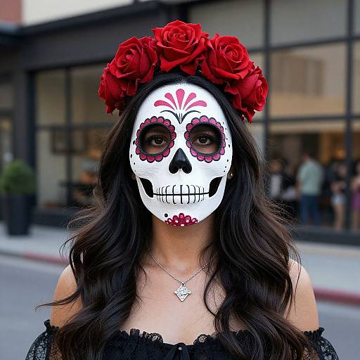 Photograph of a woman with long black hair, white skull face mask adorned with red flowers, red rose flower crown, black lace off-shoulder