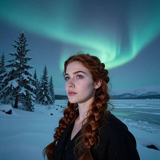 Photograph of a young woman with red braided hair, fair skin, and blue eyes, standing in a snowy landscape under vibrant green Northern Lights,