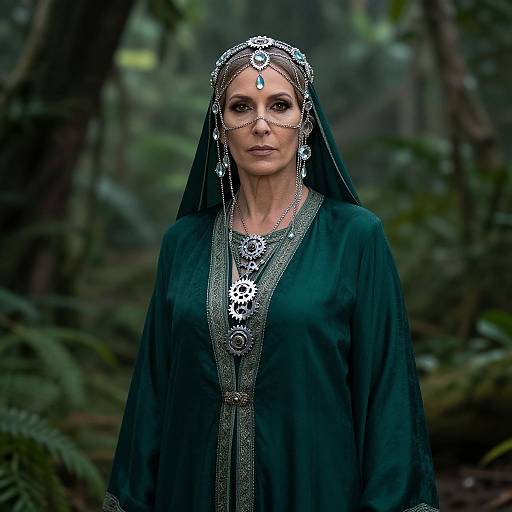 Photograph of a middle-aged woman with pale skin, wearing an ornate, dark green Middle Eastern-inspired outfit, silver jewelry, and a headpiece