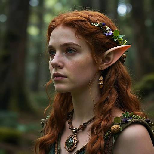 Digital artwork of a fair-skinned, red-haired elf woman with pointed ears, wearing a flower crown, green dress, and wooden jewelry, in a