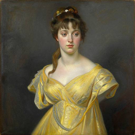 Photorealistic painting of a young Caucasian woman with fair skin, brown hair in a bun, wearing a yellow, off-shoulder, Victorian dress