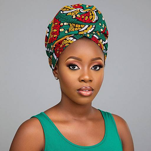 Photograph of an African woman with dark skin, wearing a colorful, patterned headwrap and teal tank top, against a plain gray background.