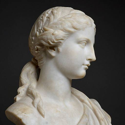 Photograph of a classical marble bust of a young woman with detailed braided hair, serene expression, and elegant profile against a black background.
