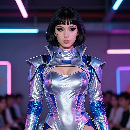 Photorealistic digital artwork of a woman with a black bob, wearing a shiny silver and blue metallic costume, standing on a neon-lit runway.