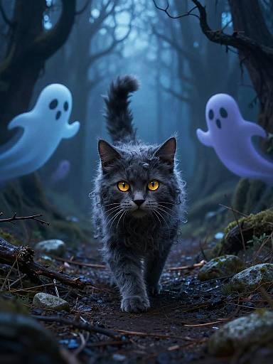 Digital artwork of a fierce, glowing-eyed gray cat walking down a spooky, moonlit forest path, flanked by two floating white ghosts.