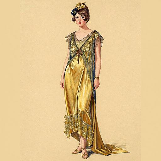 Digital illustration of a woman in a golden, ornate, vintage-style gown with intricate embroidery, standing against a yellow background. She has a black flower