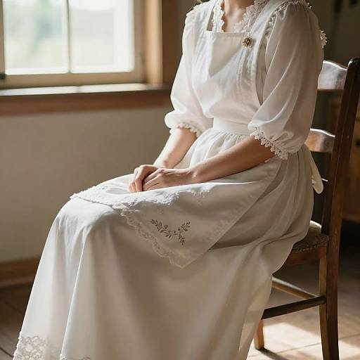 Photograph of a woman in a white lace-trimmed wedding dress, sitting in soft sunlight near a window, hands resting on her lap.
