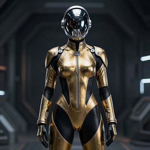 CGI image of a futuristic, armored female figure in a shiny gold and black bodysuit with a reflective helmet, standing in a dark, hex