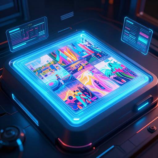 Glowing, neon-lit holographic display on a futuristic control panel, featuring vibrant, multicolored digital artwork and two floating, transparent data
