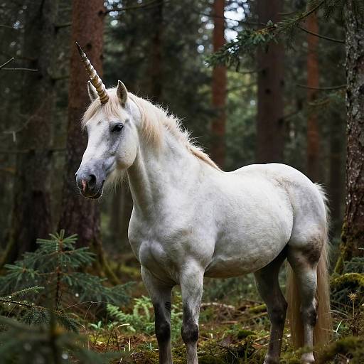 Photograph of a white unicorn with a single horn, standing in a dense, dark forest with tall pine trees and moss-covered ground.