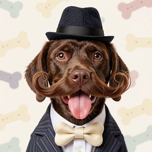 Photograph of a brown dog with a large, curled mustache, wearing a black fedora, pinstripe suit, and beige bow tie,