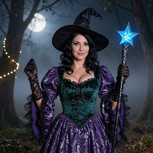Photograph of a smiling woman in a purple and green witch costume, black lace gloves, hat, and holding a glowing blue star wand, in a