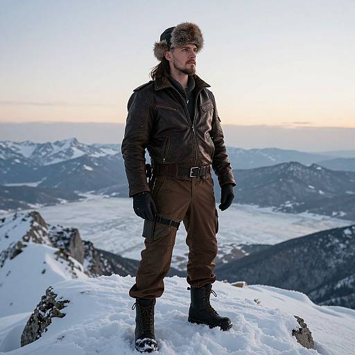 Photograph of a bearded man in a brown winter jacket, fur hat, and black boots standing on a snowy mountain peak at sunrise. Snow-c
