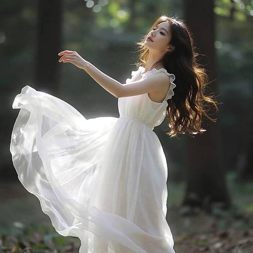 Photograph of a beautiful Asian woman with long brown hair, wearing a flowing white dress, dancing in sunlight in a forest.