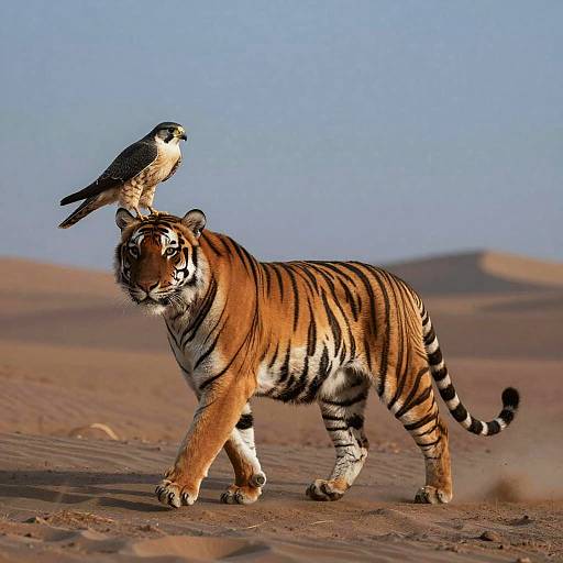 Photograph of a Bengal tiger with striking orange and black stripes, walking in a desert with a hawk perched on its back. Clear blue sky in