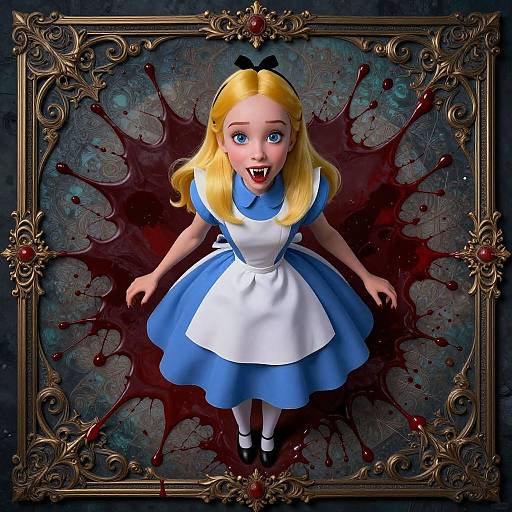 CGI image of a blonde Alice in blue dress with white apron, black shoes, black bow, shocked expression, surrounded by blood splatters in