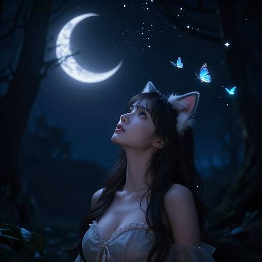 Girl with Cat Ears Gazing at Night Sky