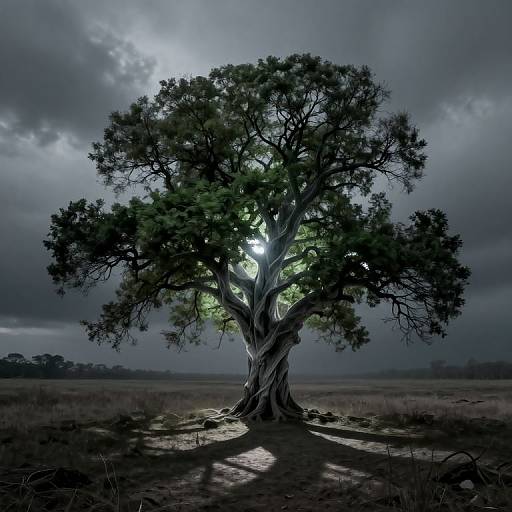 Photograph of a large, twisted tree with glowing green leaves under a dark, cloudy sky, casting long shadows on a flat, grassy plain.