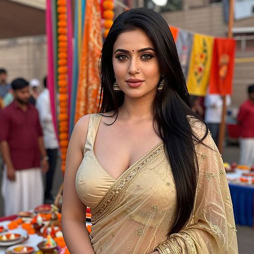 Photograph of a beautiful Indian woman with long black hair, wearing a gold embroidered saree, standing in a vibrant market stall.