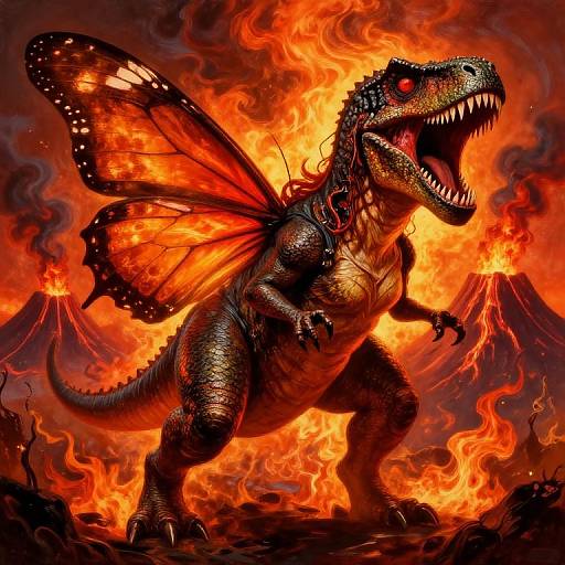 Digital artwork of a fiery, dragon-like creature with insect wings, sharp teeth, and red eyes, standing amidst a volcanic landscape with erupting mountains and