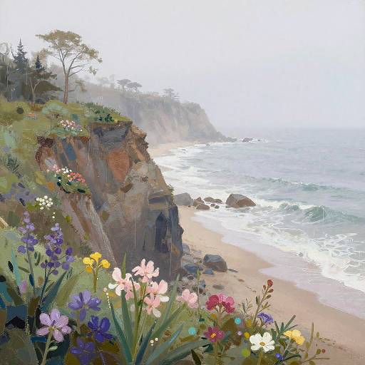Digital painting of a coastal cliffside with vibrant flowers, tall trees, and a sandy beach with crashing waves in the background.