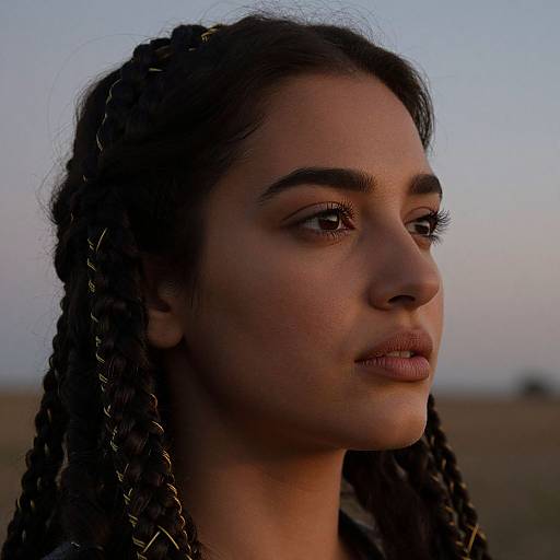 Photograph of a young woman with medium brown skin, long braided hair, and dark eyes, gazing off to the right against a softly lit