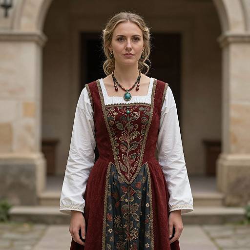 Photograph of a young woman with blonde hair in a period-style dress, white blouse, and red and blue embroidered bodice, standing in front of