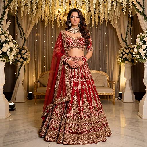 Photograph of a stunning Indian bride in a red and gold traditional lehenga with intricate embroidery, standing in an elegant, festooned hall with ch