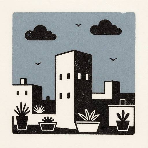 Minimalist Linocut Urban Rooftop Garden