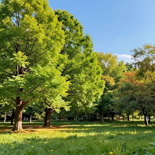 Photograph of a sunny park with vibrant green trees, tall trunks, bright blue sky, and lush grass under dappled sunlight.