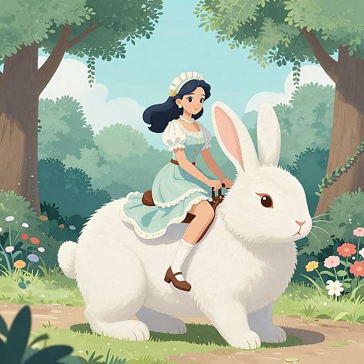 Digital illustration of a blue-eyed, dark-haired girl in a light blue dress riding a large white rabbit through a sunny forest filled with colorful flowers and tall