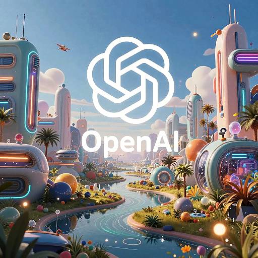 Digital CGI artwork of a vibrant, futuristic cityscape with neon-lit, dome-shaped buildings, a winding blue river, palm trees, and floating orbs