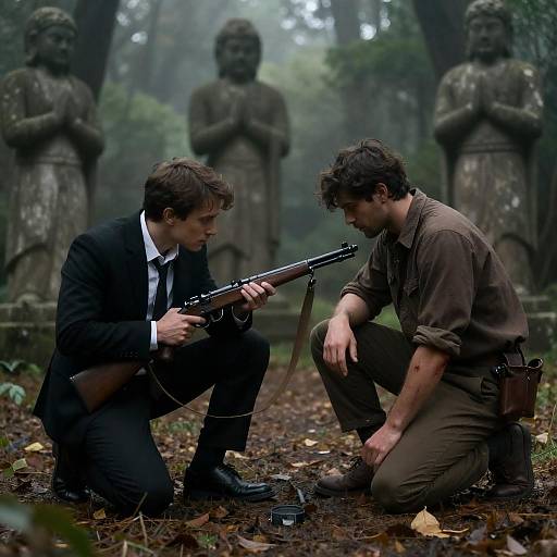 Two Men in Misty Forest with Rifle and Statues