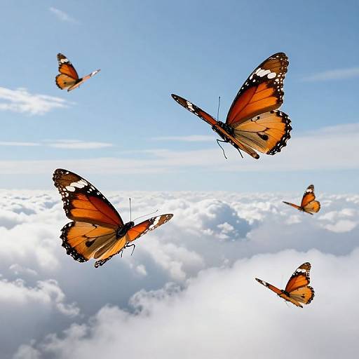 Photograph of five vibrant orange and black monarch butterflies flying against a clear blue sky with fluffy white clouds below.