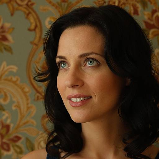 Photograph of a woman with fair skin, blue eyes, and black wavy hair, smiling subtly. Background features ornate floral wallpaper in earthy