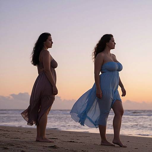 Photograph of two women in flowing dresses, one brown and one blue, walking on a beach at sunset, silhouetted against a colorful sky