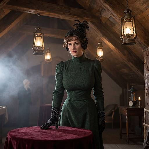 Victorian woman in dark green dress and black gloves, standing in dimly lit wooden attic with lanterns, smoke, and round table. Photographic