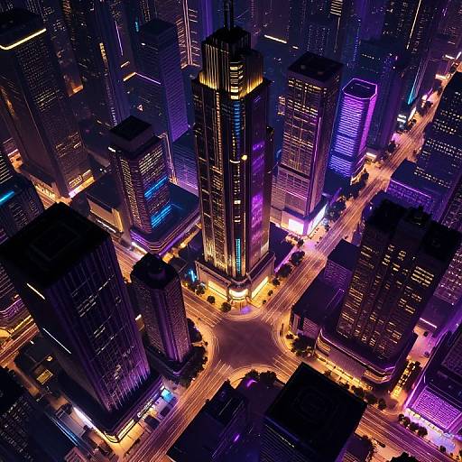 Aerial night view of a futuristic city with neon-lit skyscrapers, glowing purple and blue lights, and busy, illuminated streets.