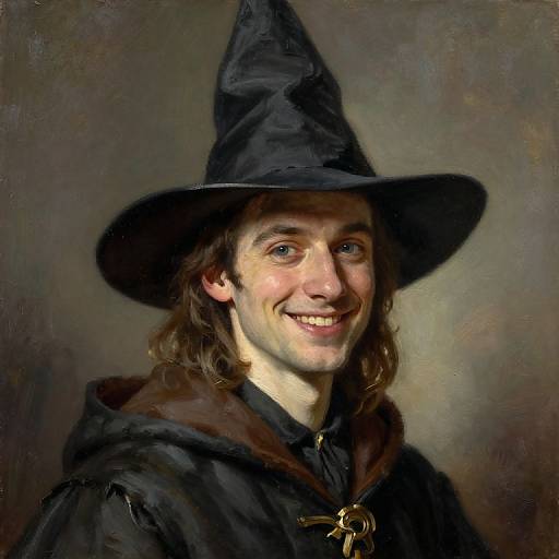 Photorealistic painting of a smiling young woman with fair skin, brown wavy hair, wearing a black witch hat and cloak with a gold key necklace