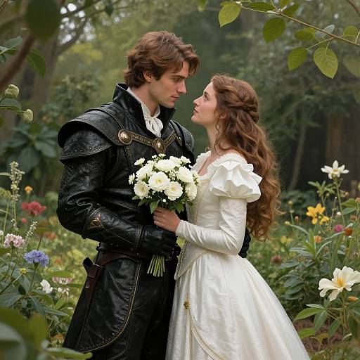 Photograph of a brown-haired man in black leather armor and a brown-haired woman in a white dress, holding white flowers, gazing at each other