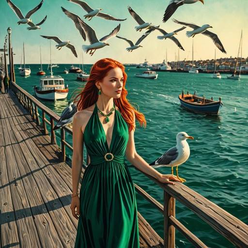 Redheaded Woman on Pier with Seagulls