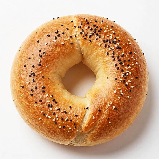 Photograph of a golden-brown, sesame and poppy seed-covered bagel with a shiny, slightly crispy texture, centered against a white background.