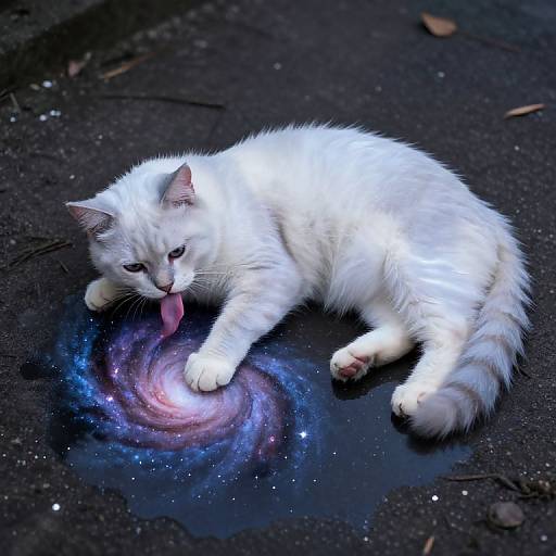 Photograph of a white fluffy cat with pink tongue licking a colorful galaxy swirl painted on a dark, wet pavement.