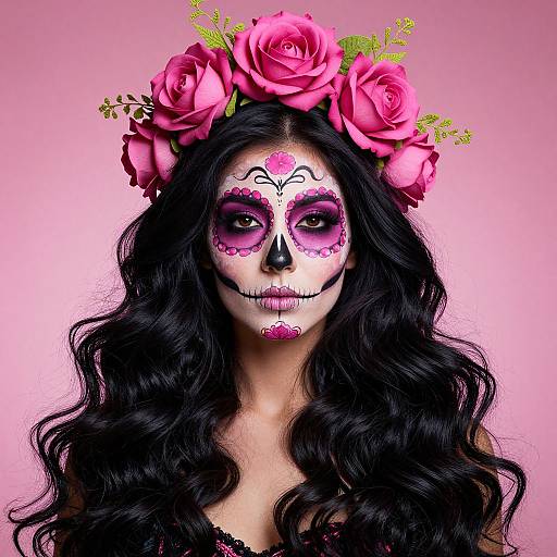 Photograph of a woman with long black hair, white face paint, pink floral designs, black nose, wearing a pink rose flower crown, against a