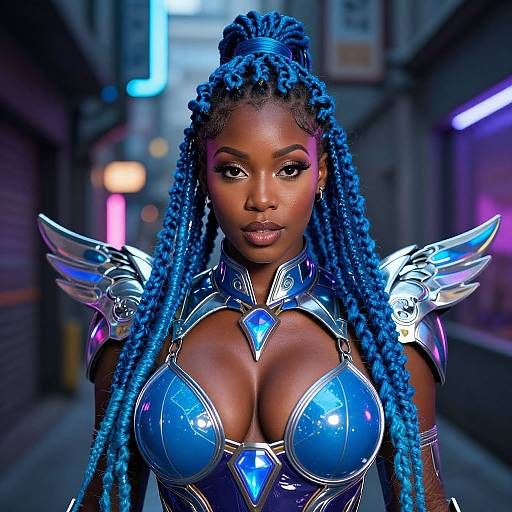 Digital art of a dark-skinned woman with blue braids, wearing futuristic blue armor with silver wings, set in a neon-lit alley.