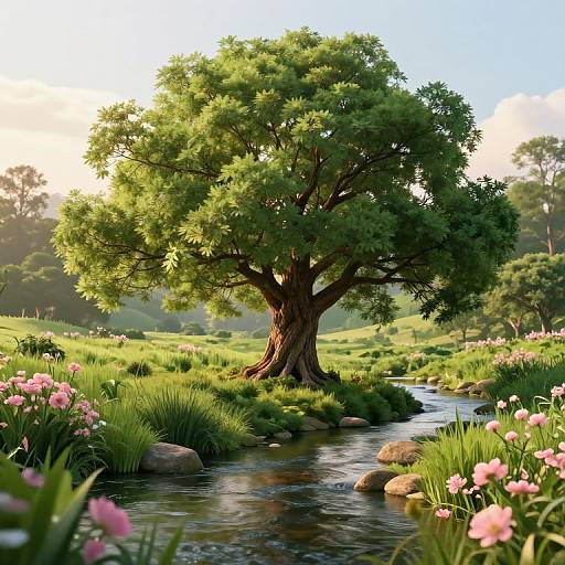 Photorealistic digital artwork of a lush, green tree by a flowing stream, surrounded by pink flowers and grass, with a bright, sunny sky in