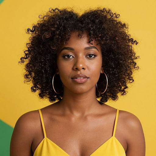 Photograph of a young Black woman with curly hair, wearing a yellow spaghetti-strap top and large hoop earrings, against a yellow and green background.