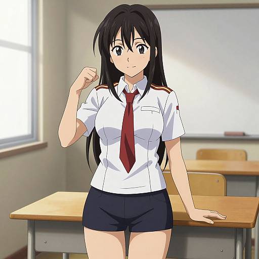 Anime-style digital drawing of a cute, dark-haired schoolgirl in a white shirt, red tie, and navy shorts, standing in a classroom.
