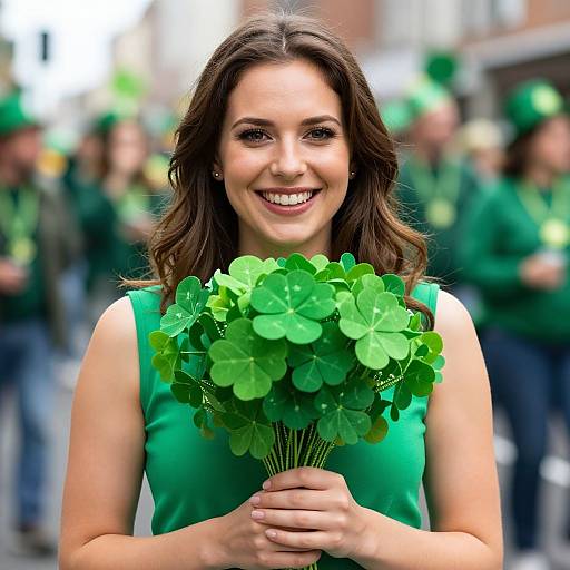 Smiling Woman with Shamrocks in Parade